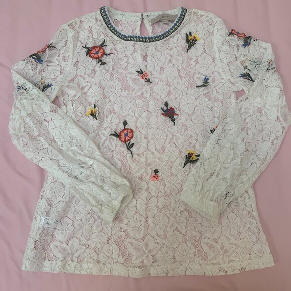 Loft White Floral Design Lace Blouse XXS - Picture 4 of 5